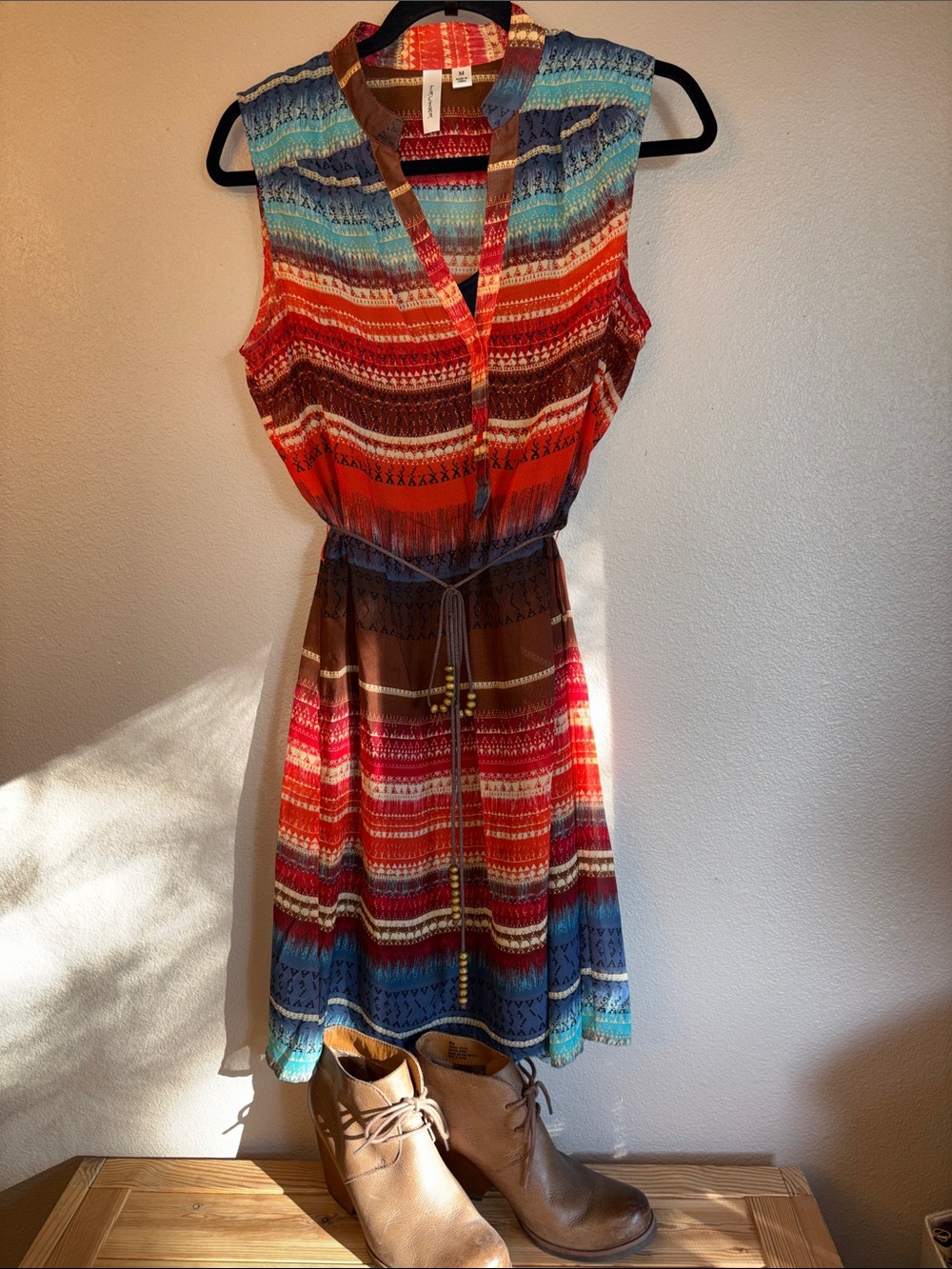 Tacera MEDIUM Multicolor Sleeveless Printed V-Neck Dress Boho Western